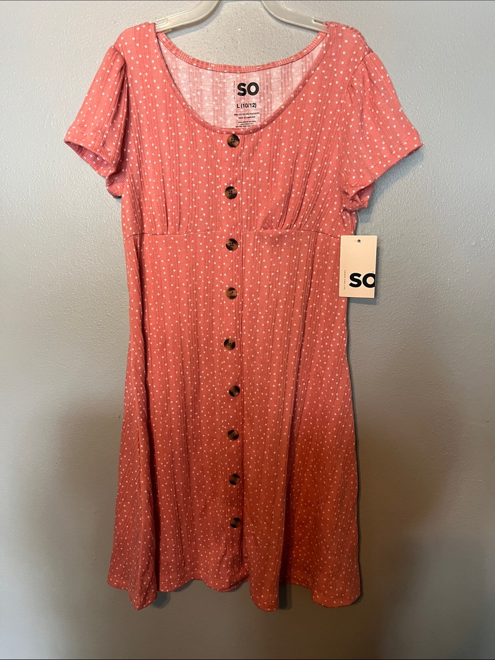 SO Coral Pink Dot Button-Front Mini Dress